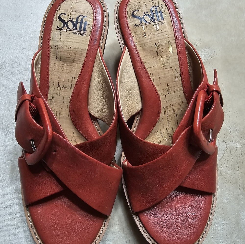 Sofft Red Leather Wedge Sandals with Buckle